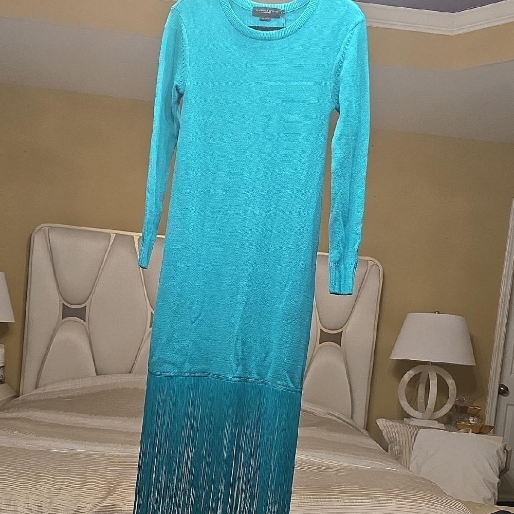 No Pise La Grama El Abrazo Sweter Dress Long Sleeve Teal Dress With Fringe 4 — image 4 of 8